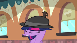 Size: 1280x720 | Tagged: safe, screencap, twilight sparkle, pony, g4, mmmystery on the friendship express, season 2, bowler hat, female, great moments in animation, hat, mare, smear frame, solo