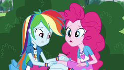 Size: 1280x720 | Tagged: safe, screencap, pinkie pie, rainbow dash, equestria girls, g4, my little pony equestria girls: friendship games, pinkie spy (short), balloon, boots, bracelet, clothes, female, high heel boots, jewelry, skirt, socks