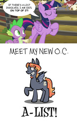 Size: 1366x2160 | Tagged: safe, artist:toonbat, spike, twilight sparkle, oc, oc:a-list, alicorn, bat pony, pony, applejack's "day" off, g4, comic sans, implied canon x oc, implied shipping, joke oc, twilight sparkle (alicorn)