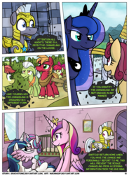 Size: 1400x1900 | Tagged: safe, artist:moemneop, apple bloom, big macintosh, granny smith, princess cadance, princess flurry heart, princess luna, queen chrysalis, shining armor, changeling, pony, comic:shifting changelings lies and truths, g4, comic, royal guard