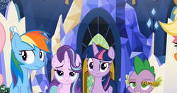 Size: 2515x1317 | Tagged: safe, screencap, applejack, rainbow dash, spike, starlight glimmer, twilight sparkle, alicorn, pony, g4, spice up your life, discovery family logo, twilight sparkle (alicorn), unamused