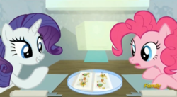 Size: 1629x893 | Tagged: safe, screencap, pinkie pie, rarity, earth pony, pony, unicorn, g4, spice up your life, discovery family logo, duo, female, hors d'oeuvre, mare, rarity looking at food