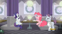 Size: 2515x1399 | Tagged: safe, screencap, pinkie pie, rarity, pony, g4, spice up your life, discovery family logo, waiter