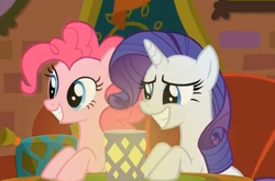 Size: 1101x725 | Tagged: safe, screencap, pinkie pie, rarity, pony, g4, spice up your life, smiling, the tasty treat