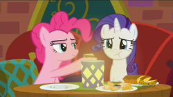 Size: 1920x1080 | Tagged: safe, screencap, pinkie pie, rarity, pony, g4, spice up your life, discovery family logo, the tasty treat