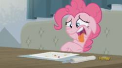 Size: 636x356 | Tagged: safe, screencap, pinkie pie, earth pony, pony, g4, spice up your life, discovery family logo, disgusted, female, mare, open mouth, solo, tongue out, uvula