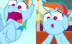 Size: 894x555 | Tagged: safe, screencap, rainbow dash, pony, g4, no second prances, the saddle row review, rainbow dash is best facemaker, shocked