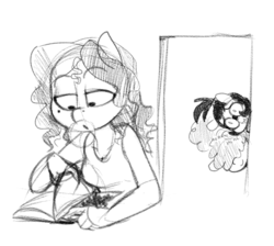 Size: 809x726 | Tagged: safe, artist:whydomenhavenipples, oc, oc only, oc:floof, oc:nikita, oc:phoebe, anthro, beauty mark, book, clothes, food, giggling, goggles, gum, monochrome, reading, sketch