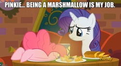 Size: 922x500 | Tagged: safe, edit, edited screencap, screencap, pinkie pie, rarity, g4, spice up your life, bread, caption, discovery family logo, food, image macro, marshmallow, meme, the tasty treat