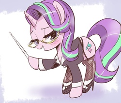 Size: 941x800 | Tagged: safe, artist:k-nattoh, starlight glimmer, pony, unicorn, g4, clothes, female, fishnet stockings, glasses, high heels, solo, stockings