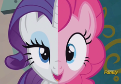 Size: 685x474 | Tagged: safe, screencap, pinkie pie, rarity, pony, g4, my little pony: friendship is magic, spice up your life, discovery family logo, split screen