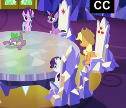 Size: 826x706 | Tagged: safe, screencap, applejack, rarity, spike, starlight glimmer, twilight sparkle, alicorn, pony, g4, spice up your life, cutie map, friendship throne, sitting, twilight sparkle (alicorn)