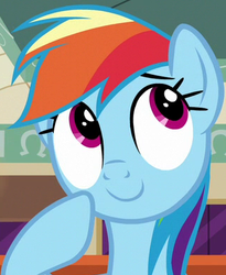 Size: 320x391 | Tagged: safe, screencap, rainbow dash, pegasus, pony, g4, my little pony: friendship is magic, the saddle row review, cute, cute face, dashabetes, diabetes, female, mare, raised hoof, smiling, solo, thinking