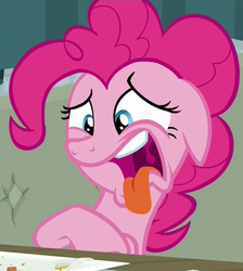 Size: 789x882 | Tagged: safe, screencap, pinkie pie, earth pony, pony, g4, spice up your life, disgusted, female, food, mare, open mouth, reaction image, solo, tongue out, uvula