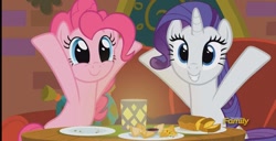 Size: 1014x519 | Tagged: safe, screencap, pinkie pie, rarity, pony, g4, spice up your life, discovery family logo, the tasty treat