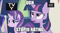 Size: 634x352 | Tagged: safe, edit, edited screencap, screencap, starlight glimmer, twilight sparkle, alicorn, pony, g4, spice up your life, image macro, meme, rating, tv-y, twilight sparkle (alicorn)