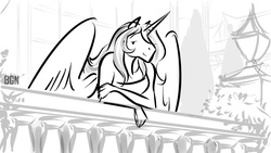 Size: 1024x576 | Tagged: safe, artist:bgn, princess celestia, alicorn, anthro, g4, balcony, clothes, dress, female, hoers, monochrome, solo