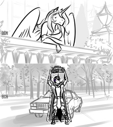 Size: 1024x1153 | Tagged: safe, artist:bgn, king sombra, princess celestia, anthro, unguligrade anthro, g4, armor, balcony, cape, car, chevy, clothes, crown, dress, el camino, female, former good king sombra, hoers, male, monochrome, radio, say anything, ship:celestibra, shipping, straight, tree