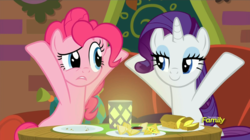 Size: 960x539 | Tagged: safe, screencap, pinkie pie, rarity, pony, g4, spice up your life, discovery family logo, lidded eyes, the tasty treat