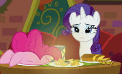 Size: 823x501 | Tagged: safe, screencap, pinkie pie, rarity, pony, g4, spice up your life, animated, discovery family logo, duo, eating, facedesk, female, food, loop, the tasty treat