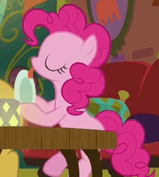 Size: 416x463 | Tagged: safe, screencap, pinkie pie, earth pony, pony, g4, spice up your life, animated, behaving like a dog, female, licking, loop, plate, puppy pie, tongue out