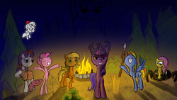 Size: 1600x900 | Tagged: safe, artist:minosua, applejack, fluttershy, pinkie pie, rainbow dash, rarity, sweetie belle, twilight sparkle, earth pony, pegasus, pony, unicorn, g4, campfire, crossover, don't starve, female, fire, looking at you, mare, spear, tree, vore, weapon