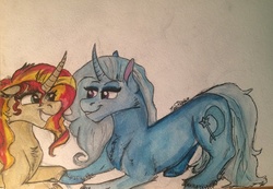 Size: 1024x710 | Tagged: safe, artist:lulu221144, sunset shimmer, trixie, pony, unicorn, g4, female, lesbian, ship:suntrix, shipping, traditional art