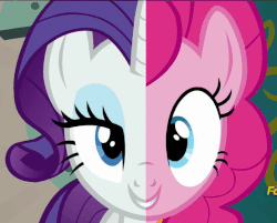Size: 617x497 | Tagged: safe, screencap, pinkie pie, rarity, pony, g4, spice up your life, animated, female, it's gonna work, loop, split screen, two sides