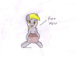 Size: 2338x1700 | Tagged: safe, artist:peternators, derpy hooves, g4, box, female, food, muffin, solo, text, traditional art