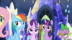 Size: 2208x1242 | Tagged: safe, screencap, fluttershy, rainbow dash, spike, starlight glimmer, twilight sparkle, alicorn, pony, g4, spice up your life, annoyed, confused, discovery family logo, eyeroll, twilight sparkle (alicorn)
