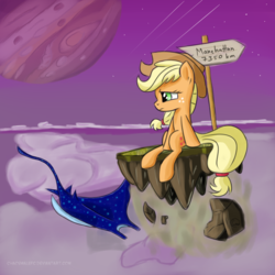 Size: 1024x1024 | Tagged: safe, artist:chaosmalefic, applejack, earth pony, manta ray, pony, g4, female, floating island, great red spot, jupiter, mare, planet, solo, surreal