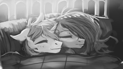 Size: 1920x1080 | Tagged: safe, artist:hierozaki, oc, oc only, bed, grayscale, monochrome, oc x oc, shipping, sleeping