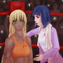 Size: 4410x4410 | Tagged: safe, artist:missangest, applejack, twilight sparkle, human, g4, absurd resolution, boxing, bruised, coach, dark skin, duo, fanfic, fanfic art, fanfic cover, humanized, light skin