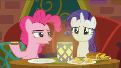 Size: 858x482 | Tagged: safe, screencap, pinkie pie, rarity, pony, g4, spice up your life, :o, animated, discovery family logo, feeding, female, food, rarity looking at food, the tasty treat