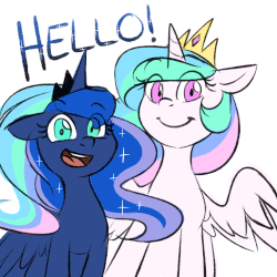 Size: 750x750 | Tagged: safe, artist:cosmalumi, princess celestia, princess luna, alicorn, pony, g4, :d, :t, animated, cute, cutelestia, dialogue, duo, duo female, eye clipping through hair, eyebrows, eyebrows visible through hair, female, floppy ears, gif, hello, looking at you, lunabetes, mare, open mouth, open smile, royal sisters, simple background, sisters, sitting, smiling, smiling at you, spread wings, white background