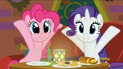 Size: 1920x1080 | Tagged: safe, screencap, pinkie pie, rarity, pony, g4, spice up your life, discovery family logo, hooves in air, raised hoof, smiling, the tasty treat