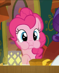 Size: 390x482 | Tagged: safe, screencap, pinkie pie, rarity, pony, g4, spice up your life, animated, cute, derp, diapinkes, eating, female, grin, open mouth, pointing, poking, puffy cheeks, smiling, solo focus, spit take, talking, the tasty treat, wide eyes