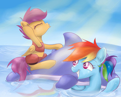 Size: 2500x2000 | Tagged: safe, artist:redheadfly, rainbow dash, scootaloo, dolphin, pegasus, pony, g4, clothes, cute, cutealoo, dashabetes, duo, duo female, female, floaty, high res, inflatable, inflatable dolphin, inflatable toy, midriff, pool toy, riding, scootalove, swimsuit, water