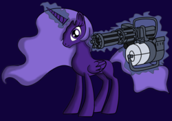 Size: 762x536 | Tagged: safe, artist:yifle1, oc, oc only, oc:lacunae, alicorn, pony, fallout equestria, fallout equestria: project horizons, artificial alicorn, fanfic, fanfic art, female, glowing horn, gun, hooves, horn, levitation, magic, mare, minigun, purple alicorn (fo:e), simple background, solo, telekinesis, weapon, wings