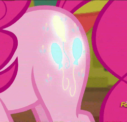 Size: 529x508 | Tagged: safe, screencap, pinkie pie, pony, g4, spice up your life, animated, balloon, booty call, cropped, female, glowing cutie mark, light, loop