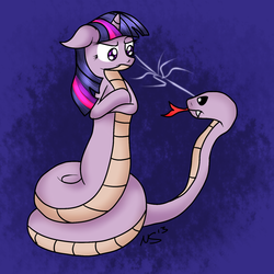 Size: 1500x1500 | Tagged: safe, artist:novaspark, twilight sparkle, lamia, original species, pony, snake, g4, crossed arms, female, floppy ears, forked tongue, lamiafied, snake tail, snakepony, solo, species swap, tail maw, tongue out, twilamia, twilight snakle, what has science done