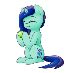 Size: 1489x1501 | Tagged: safe, artist:victoreach, oc, oc only, oc:helix, pony, unicorn, apple, commission, cute, eating, food, fruit, happy, herbivore, simple background, sitting, solo, white background