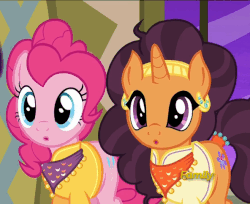 Size: 592x482 | Tagged: safe, screencap, pinkie pie, saffron masala, pony, g4, spice up your life, :o, animated, cute, diapinkes, discovery family logo, duo, female, loop, saffronbetes
