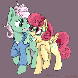 Size: 1024x1024 | Tagged: safe, artist:optimisticpony, gentle breeze, posey shy, pegasus, pony, flutter brutter, g4, clothes, cute, female, folded wings, full body, glasses, heart eyes, height difference, husband and wife, looking at each other, male, mare, raised hoof, ship:shys, simple background, smiling, stallion, straight, watermark, wingding eyes