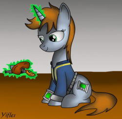 Size: 946x914 | Tagged: safe, artist:yifle1, oc, oc only, oc:littlepip, pony, unicorn, fallout equestria, clothes, fanfic, fanfic art, female, glowing horn, gun, handgun, horn, jumpsuit, little macintosh, magic, mare, pipbuck, revolver, simple background, solo, telekinesis, vault suit, weapon