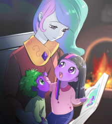 Size: 900x1000 | Tagged: dead source, safe, artist:quizia, princess celestia, spike, twilight sparkle, human, g4, book, clothes, cute, cutelestia, female, fireplace, humanized, momlestia, open mouth, pants, picture, pony coloring, quizia is trying to murder us, reading, spikabetes, sweet dreams fuel, twiabetes, weapons-grade cute, younger