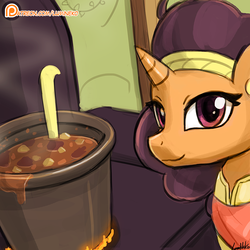 Size: 750x750 | Tagged: safe, artist:lumineko, saffron masala, pony, unicorn, g4, season 6, spice up your life, curry, female, food, looking at you, mare, patreon, patreon logo, smiling, solo, soup