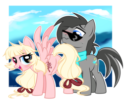 Size: 4679x3943 | Tagged: safe, artist:wicklesmack, oc, oc only, oc:dream whisper, oc:sparks, earth pony, pegasus, pony, blushing, butt, clothes, duo, eyes on the prize, female, flirting, heterochromia, looking at butt, male, oc x oc, plot, ribbon, scarf, seduction, shipping, sky, straight, sunglasses, tail seduce, wavy mouth