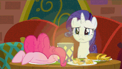Size: 800x450 | Tagged: safe, edit, edited screencap, screencap, pinkie pie, rarity, g4, spice up your life, animated, discovery family logo, eating, eye scream, faceplant, female, frown, lip bite, open mouth, smiling, solo, the tasty treat, wat