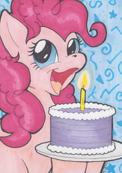 Size: 680x960 | Tagged: safe, artist:michael thompson, pinkie pie, earth pony, pony, g4, cake, candle, female, food, mare, solo, traditional art